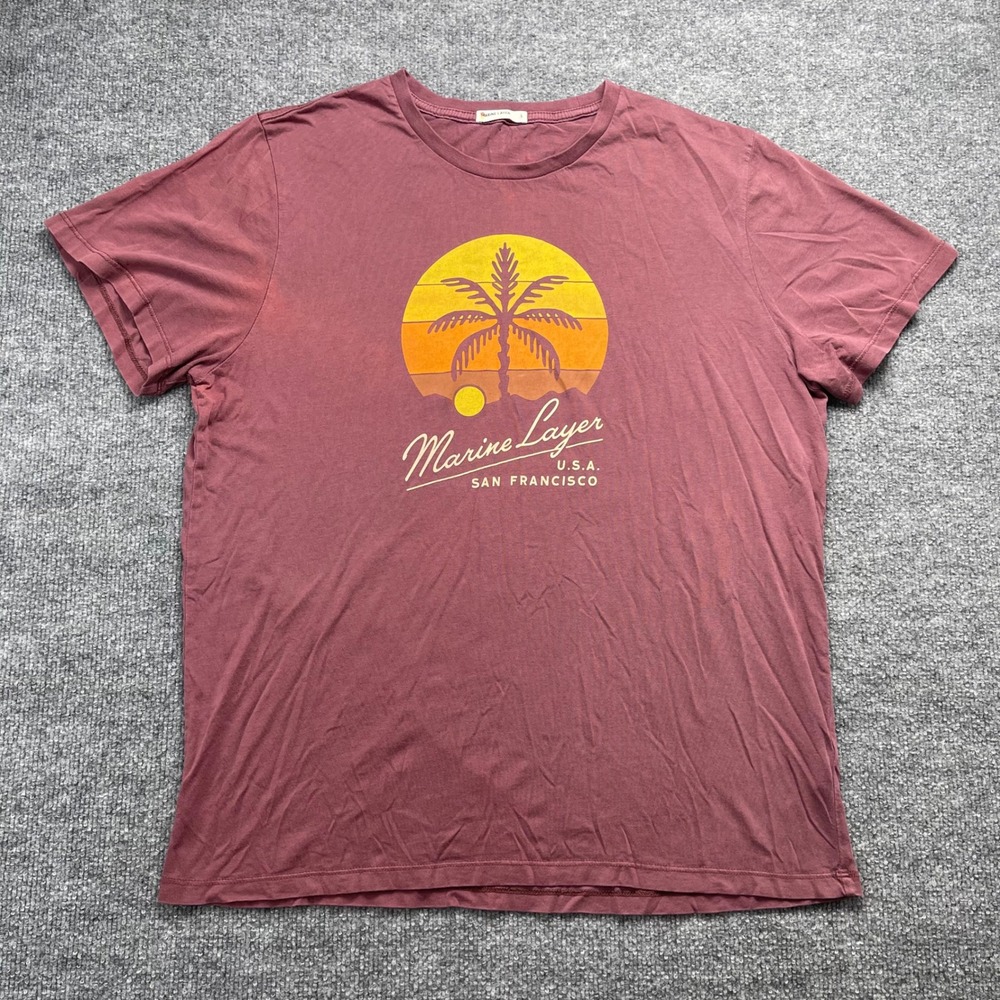 Marine Layer Mens Graphic T-Shirt Large Burgundy Palm Tree Sunset San Francisco